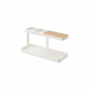 Biely multifunkčný stojan s detailom z bukového dreva YAMAZAKI Tower Desk Bar YAMAZAKI