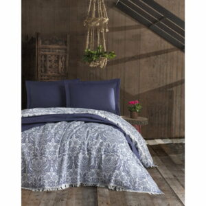 Tmavomodrý bavlnený prešívaný pléd na dvojlôžko EnLora Home Nish Dark Blue