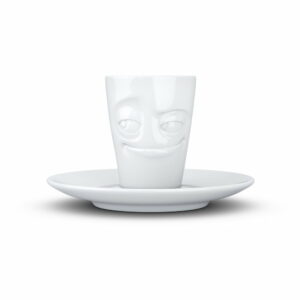 Biely usmievavý porcelánový hrnček na espresso s tanierikom 58products