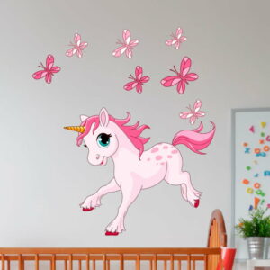 Nástenné detské samolepky Ambiance Pink Unicorn and Papillons Ambiance