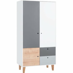 Bielo-sivá dvojdverová šatníková skriňa s dreveným detailom Vox Concept Vox